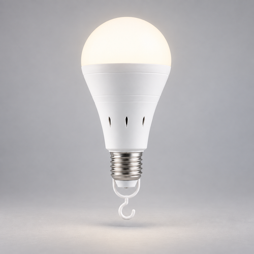 Emberwell rechargeable LED bulb glowing softly with its hook switch hanging below, on a plain studio background