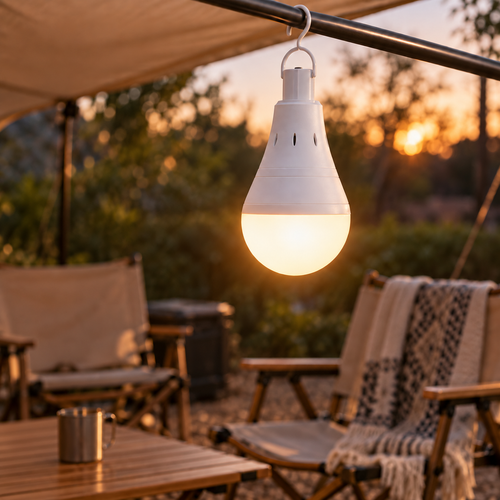 Emberwell LED bulb hanging from a canopy pole, lighting an outdoor seating area at sunset
