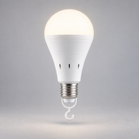 Emberwell rechargeable LED bulb glowing softly with its hook switch hanging below, on a plain studio background