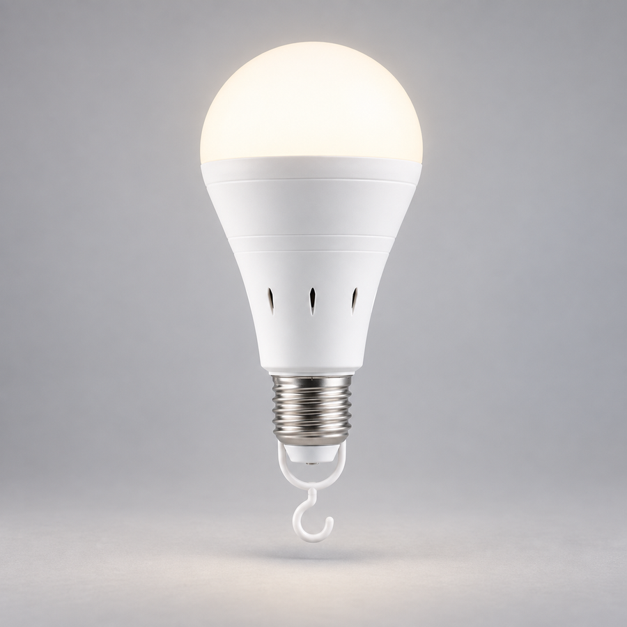 Emberwell rechargeable LED bulb glowing softly with its hook switch hanging below, on a plain studio background