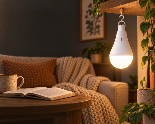 Emberwell LED bulb glowing warmly while hanging from a wooden shelf above a cozy reading nook
