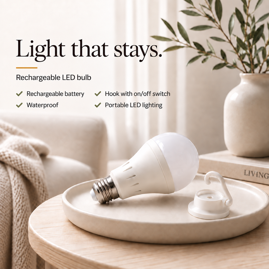 Emberwell rechargeable LED bulb with its detachable hook switch, glowing on a side table in a cozy living room